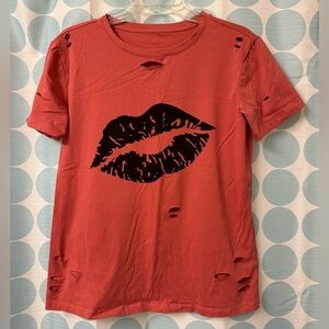 Lips ripped/distressed T-Shirt, Pink, Size S